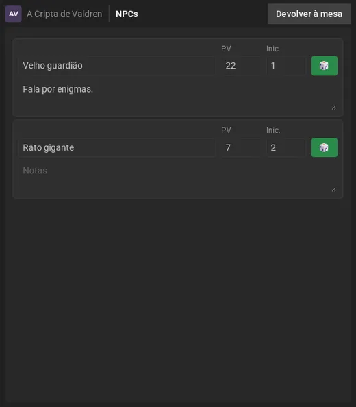 A mesma tabela como a jogadora vê: só dois NPCs, sem os controles do mestre.